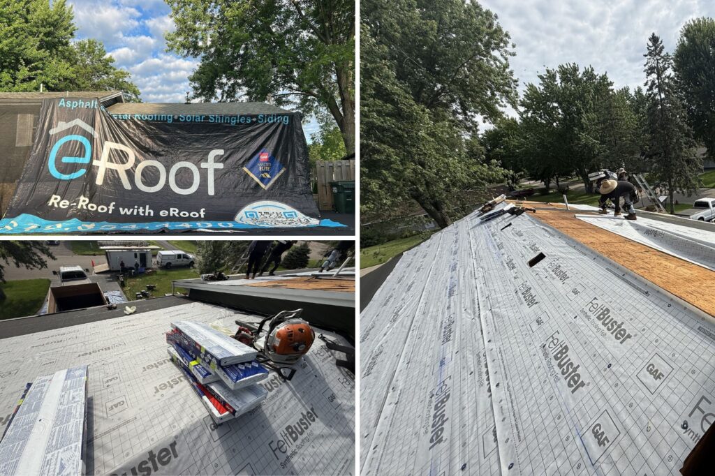 Three shots of the roof installation process in Apple Valley, MN