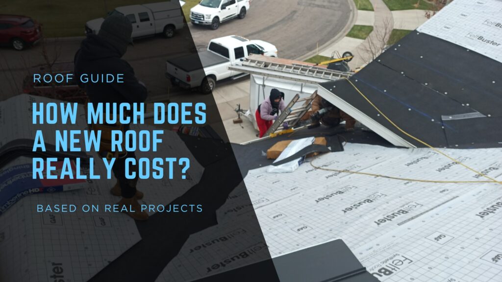Roofers installing underlayment on a house roof during a replacement, illustrating a guide on how much a new roof really costs.