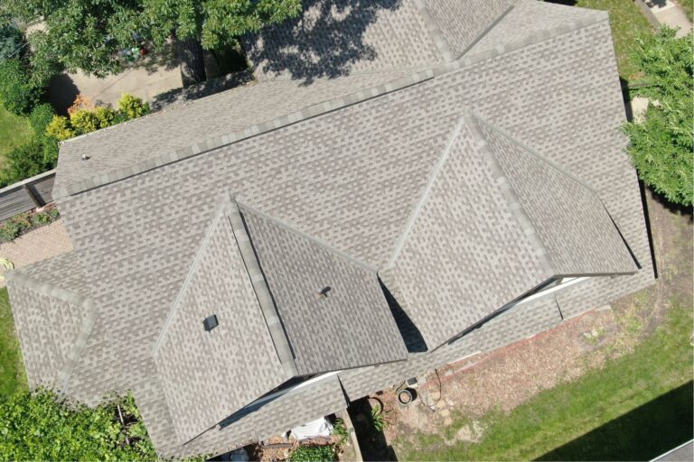 Drone aerial view of completed roof replacement on south Minneapolis home