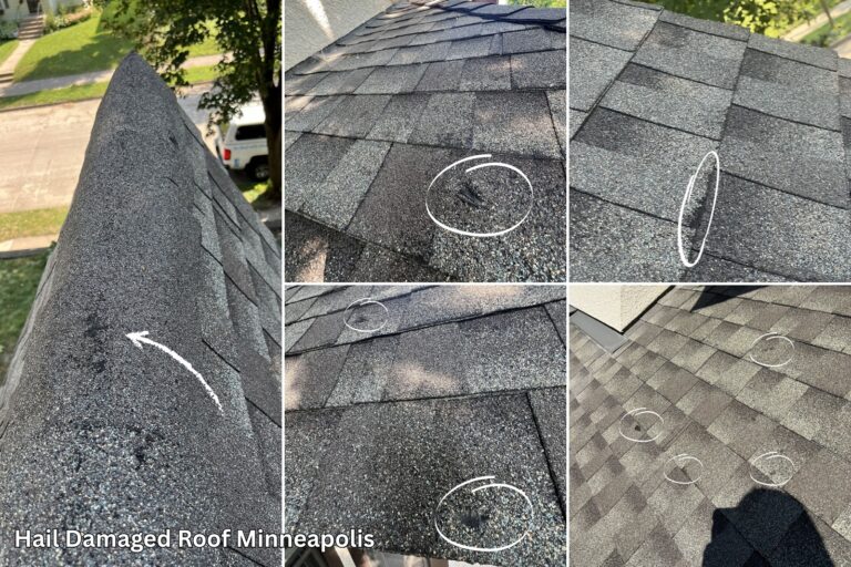 Close-up photo collage showing circled hail damage impact points on Minneapolis roof shingles