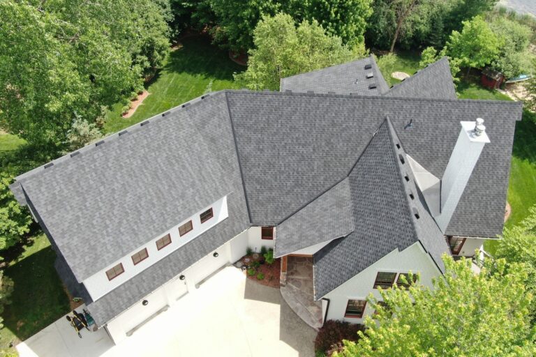 Drone aerial view of completed roof replacement in Waconia, MN