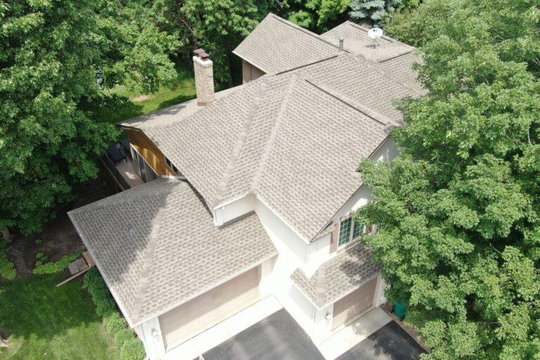 Drone aerial view of completed roof replacement in Chanhassen, MN