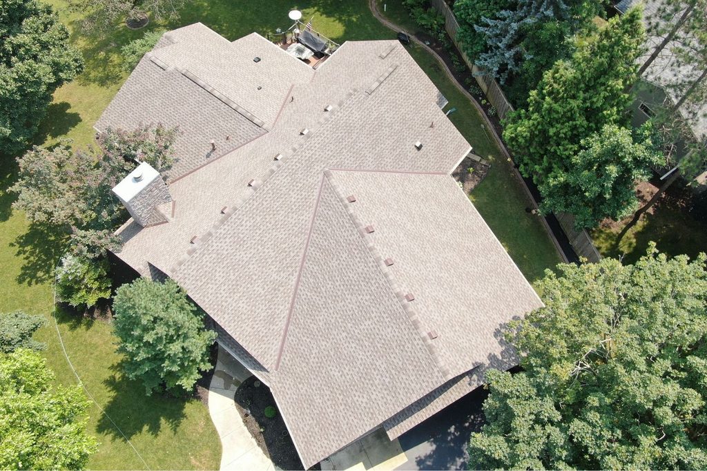 Drone photo of completed roof replacement project in Minnetonka, MN