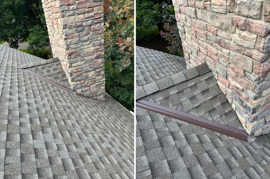Close up of chimney flashing, valley, and ridge on Minnetonka roof replacement