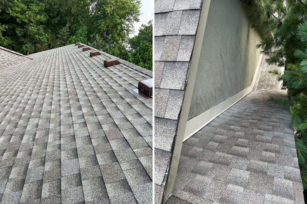 Close up of new GAF shingles and sidewall flashing on Minnetonka home