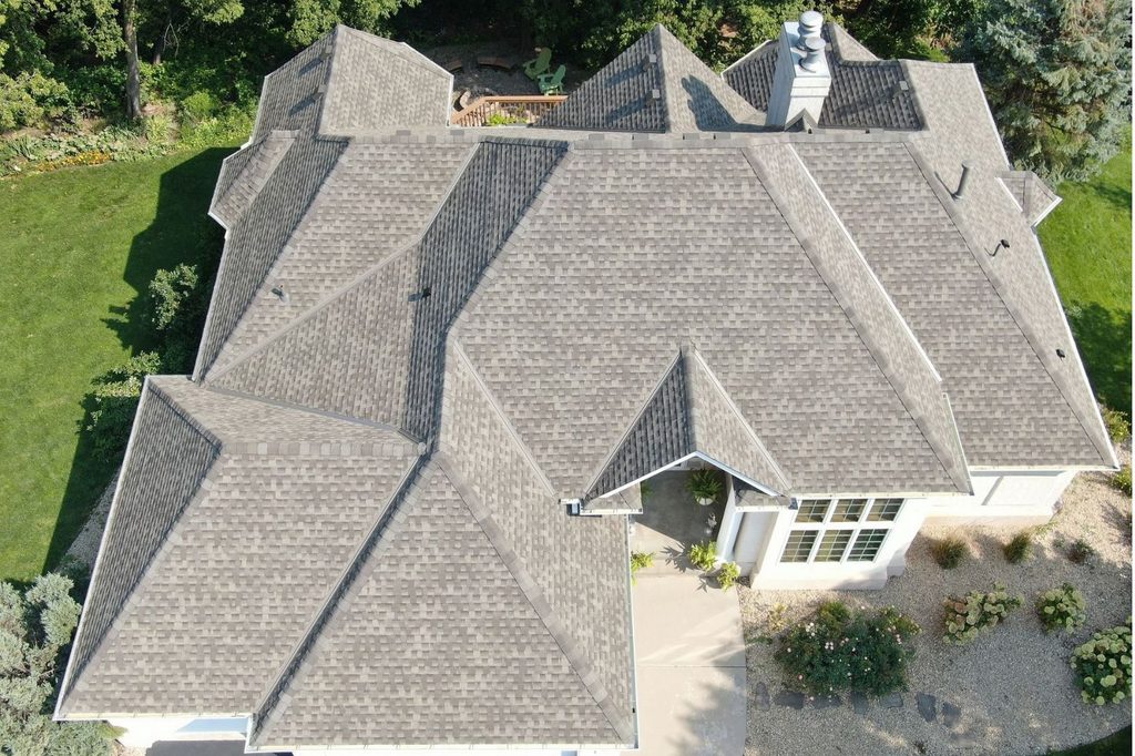 Overhead aerial view of completed roof replacement in Plymouth, MN