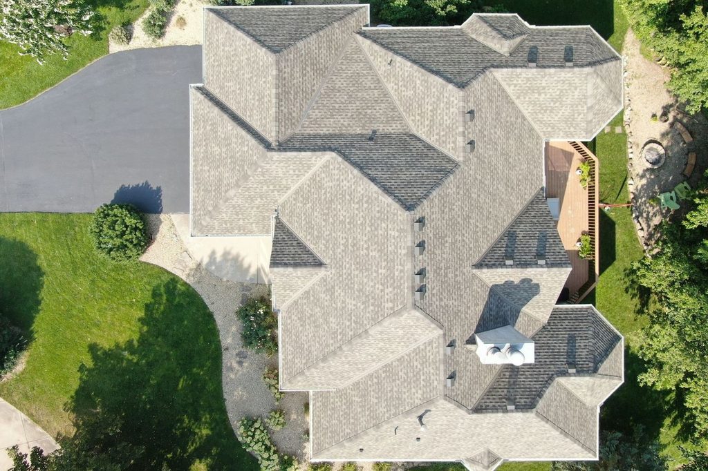 Aerial view of finished roof replacement project in Plymouth, MN