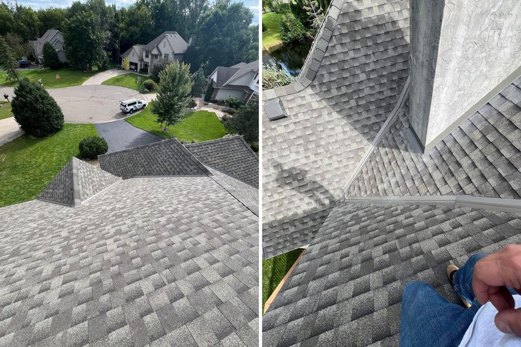 Close up of new GAF Timberline HDZ shingles on Plymouth roof replacement