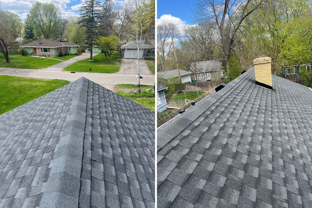 Two part close up of new GAF Timbertex ridge shingles on Minnetonka roof