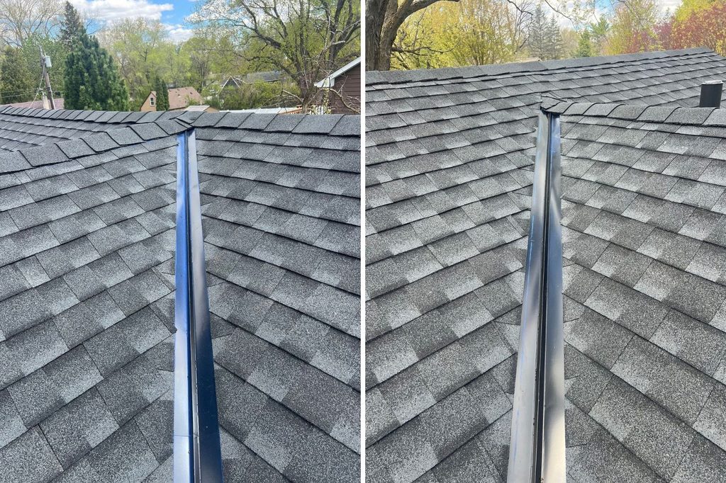 Two part close up of new valley metal installation on Minnetonka roof replacement