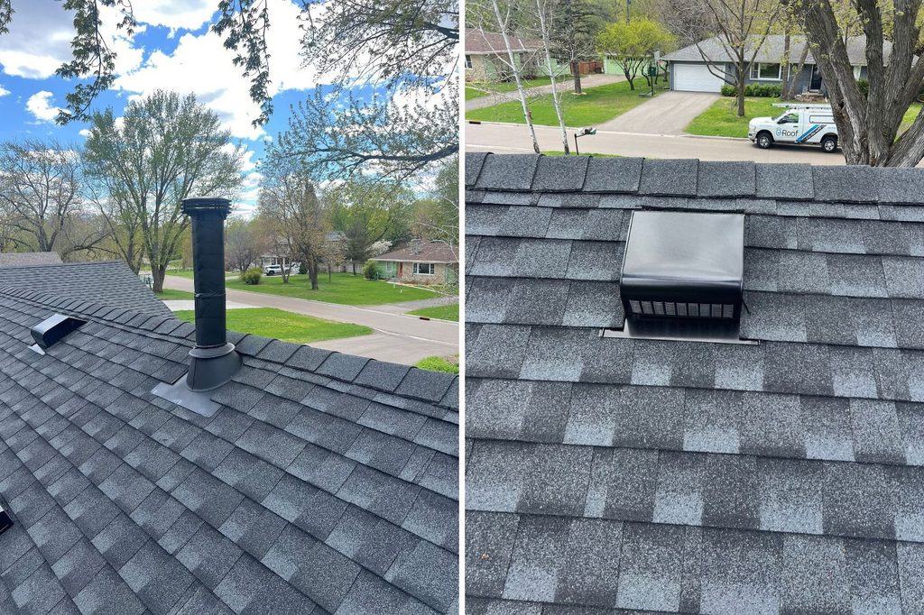 Two part photo of new roof vent and furnace stack flashing on Minnetonka home