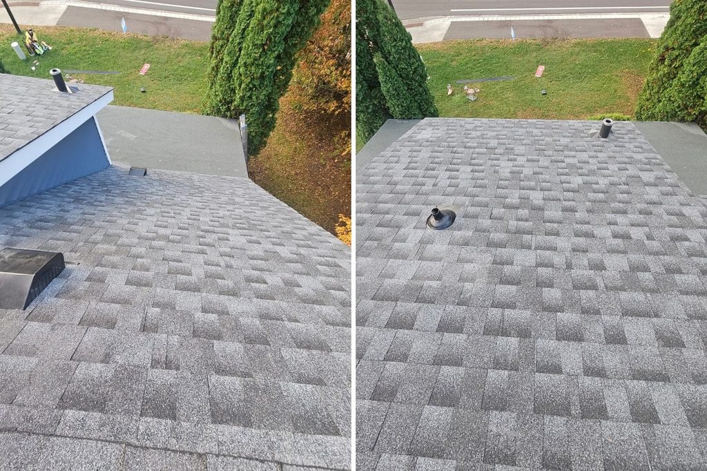 Down slope view of completed GAF shingle roof replacement in Minnetonka, MN
