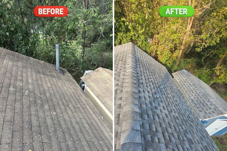 Before and after of home and shed roof replacement in Minnetonka, MN