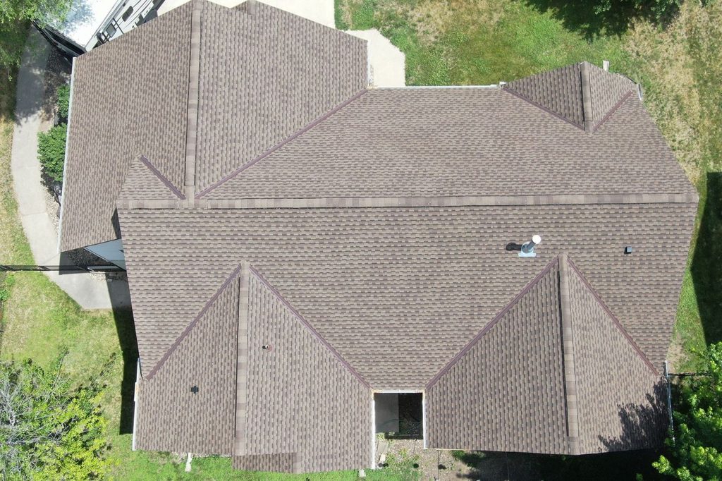 Aerial view of completed GAF Timberline HDZ roof replacement in St. Paul, MN