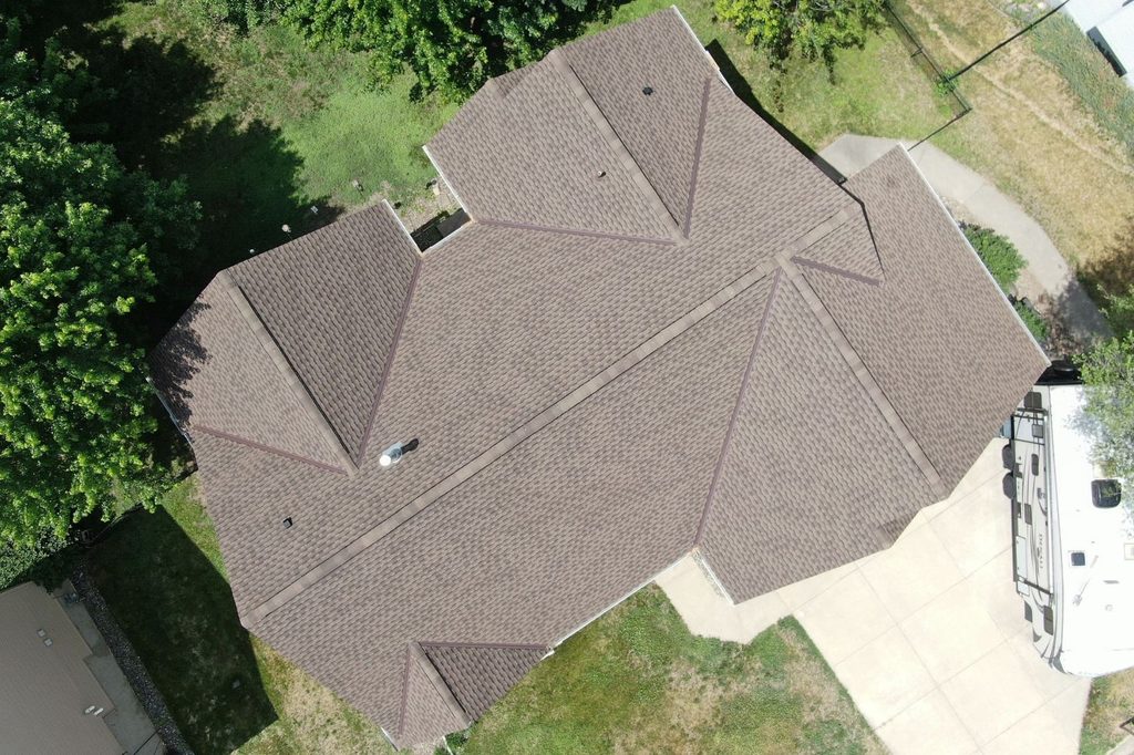 Overhead aerial shot of new shingle roof on St. Paul home