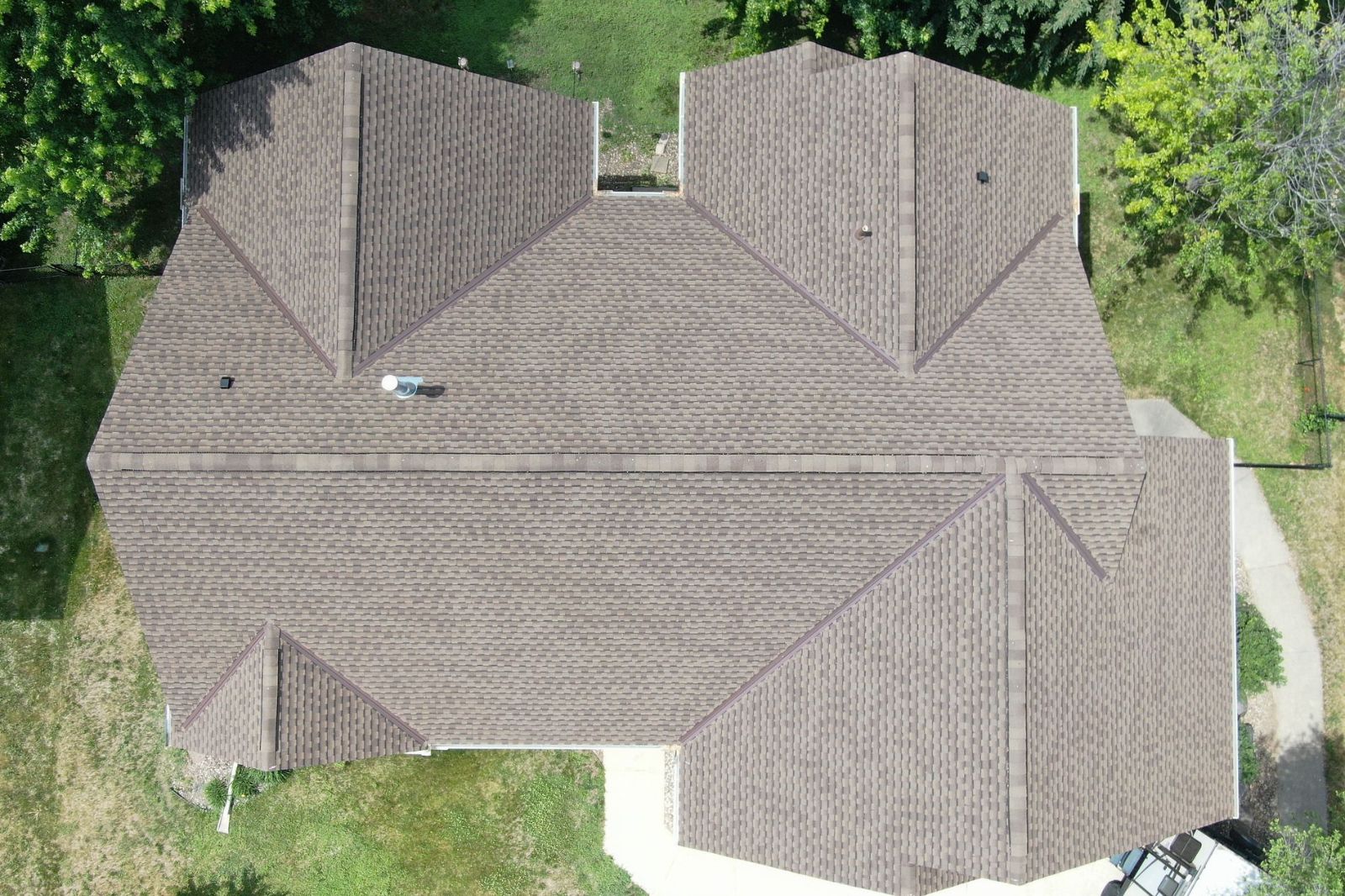Aerial view of finished roof replacement project in St. Paul, MN
